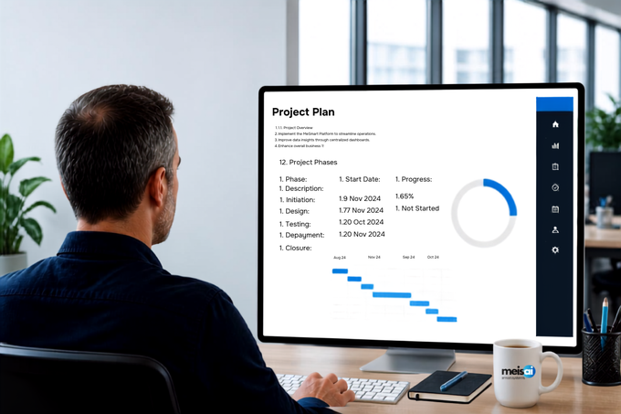 A project plan dashboard showing phases, timeline and progress