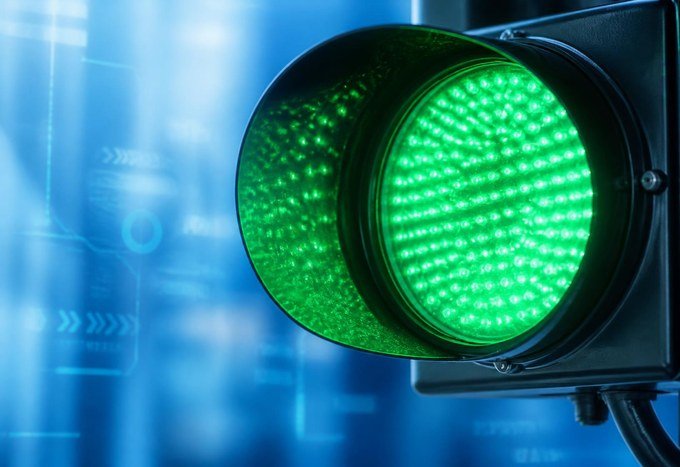A green traffic light, signalling that the system is live and ready to go
